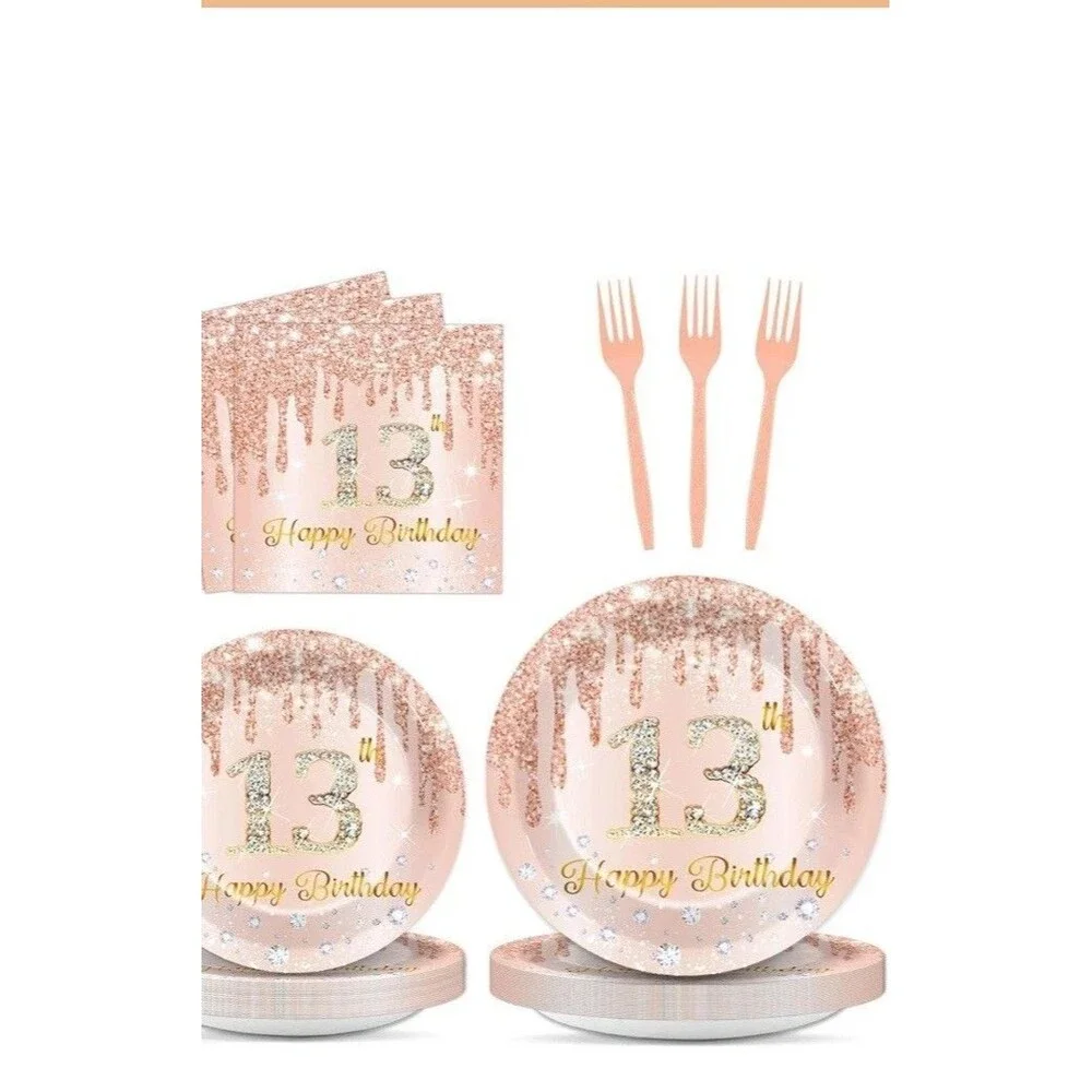 96 Pcs Rose Gold 13th Birthday Party Plates and Napkins for Girls Rose Gold